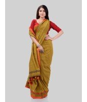 DESH BIDESH Women`s Traditional Bengali Tant Handloom Cotton Saree Royel Loveria Design With Blouse Piece (Olive)